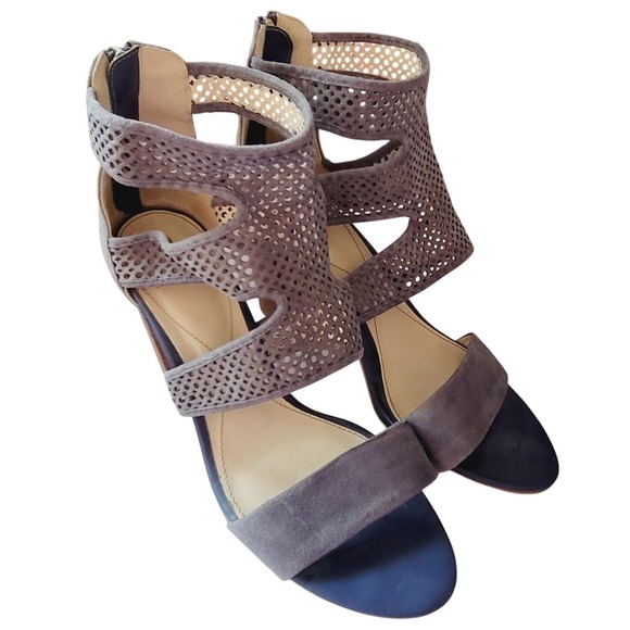 Isola Shoes - Isola Grey Suede Perforated Cage Sandals Block Heel Back Zip Womens 8.5 M